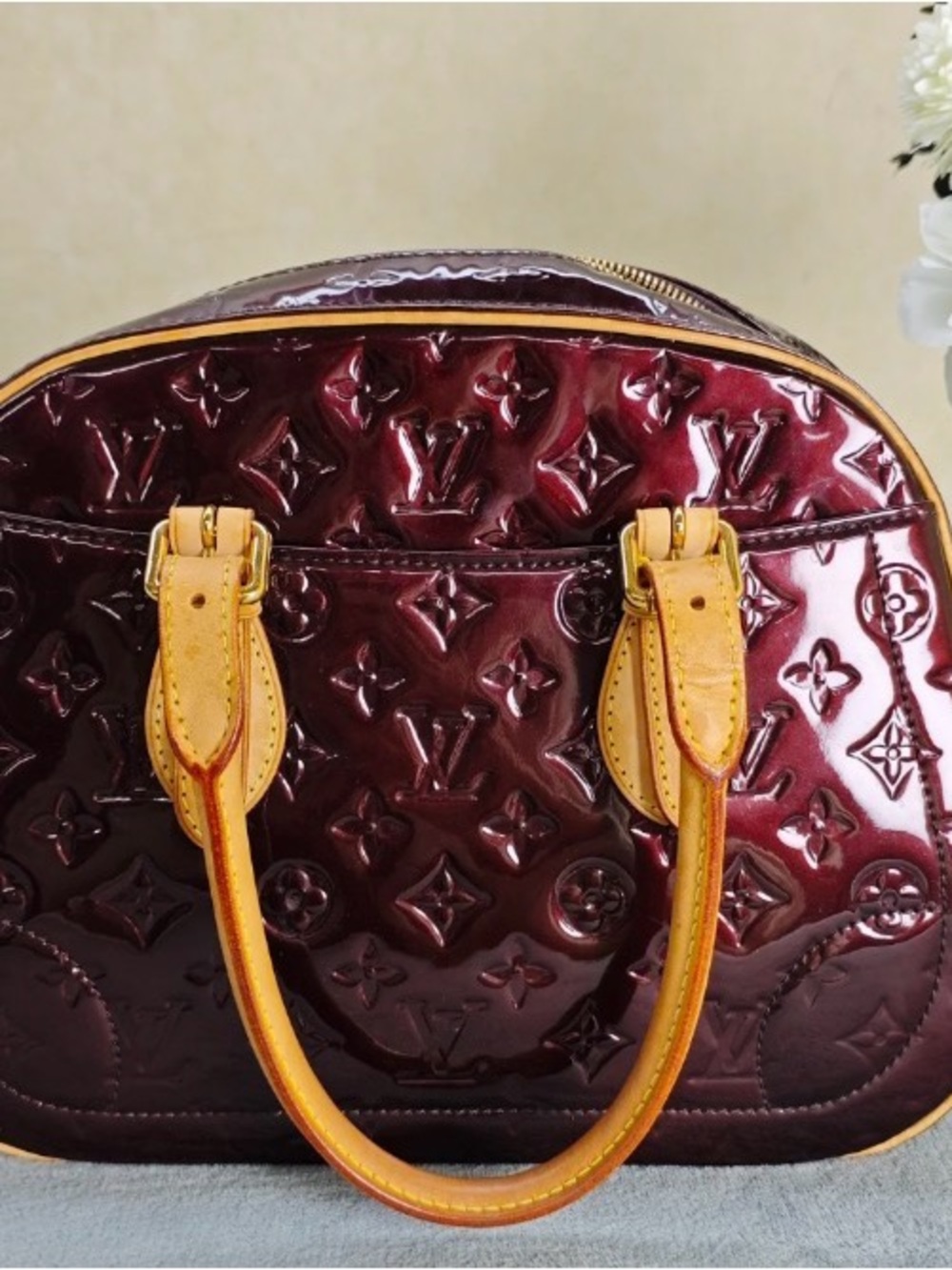 Louis Vuitton Burgundy Patent Monogram Shoulder Bag with Tan Handles